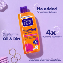 Applying Clean & Clear foam to face illustrating effective oil and dirt removal without tightness