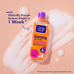 Foam on hand from Clean & Clear showing volume needed and quick rinse-off benefit