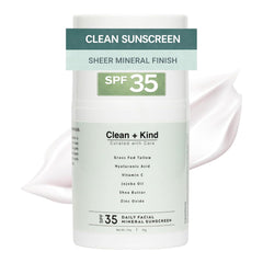 Clean + Kind front pump bottle showing compact travel-friendly design and SPF benefit