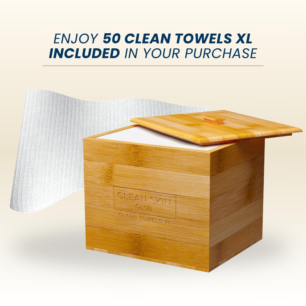 CLEAN SKIN CLUB container placed on bathroom vanity organizing counter space benefit