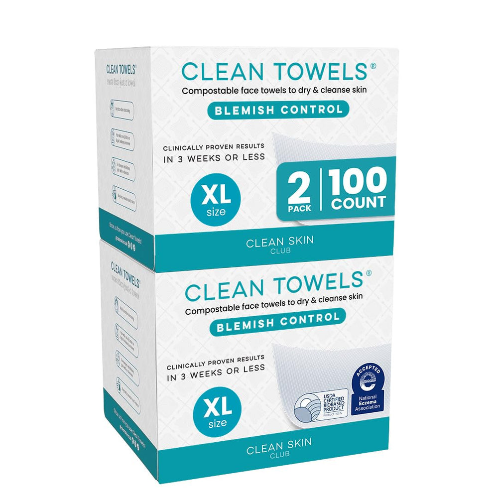 Clean Skin Club front packaging showing two-pack and 100 towels benefit hygiene