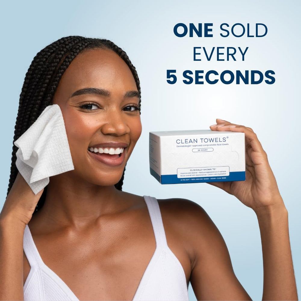 Clean Skin Club towels on bathroom counter showing everyday skincare routine benefit