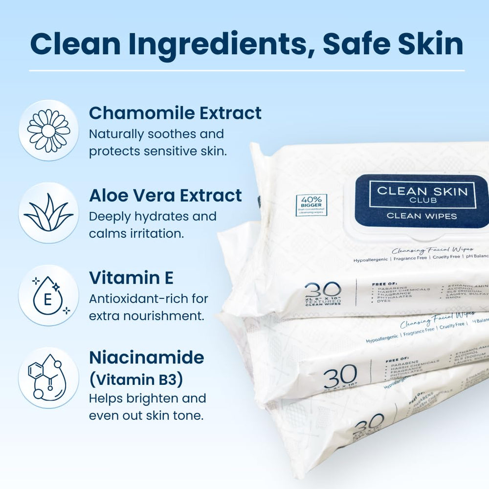 CLEAN SKIN CLUB wipe next to a hand showing oversized 8x10 inch scale
