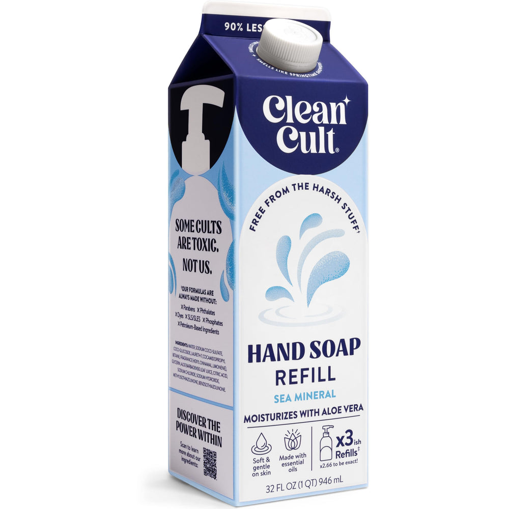 Cleancult front pouch showing sea minerals refill, sustainable choice