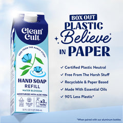 Cleancult Water Blossom pouring refill into bottle demonstrating easy refill and waste reduction