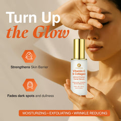 Clear Visage ingredient display of vitamin C and collagen emphasizing brightening benefit