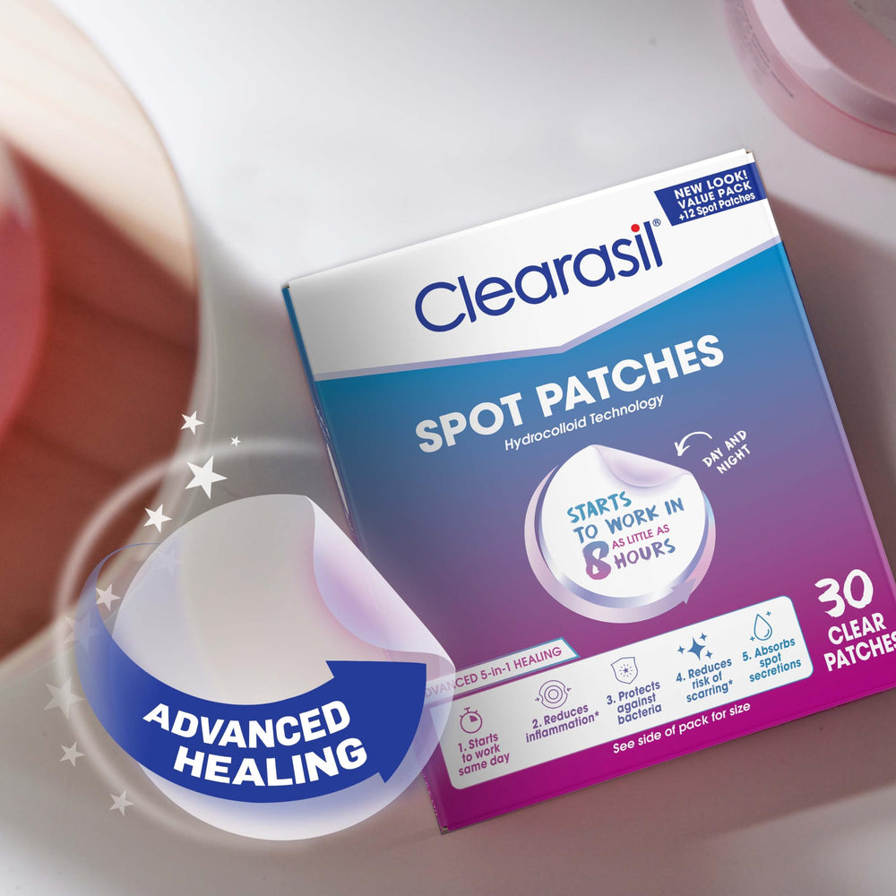 Clearasil patch applied to cheek demonstrating discreet coverage and protection