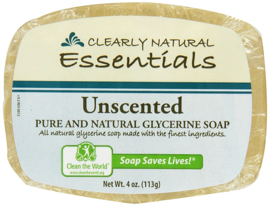 Clearly Natural front packaging showing four 4 oz unscented glycerine bars for gentle cleansing