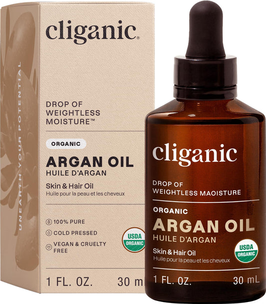 Cliganic argan oil front bottle showing clean organic packaging and purity