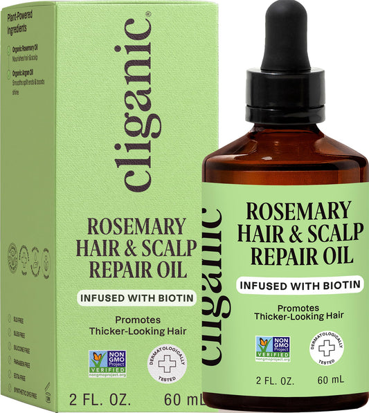 Cliganic front bottle of rosemary hair oil showing clean packaging and benefits