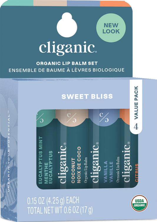 Cliganic front packaging set showing four organic lip balm tubes for quick hydration