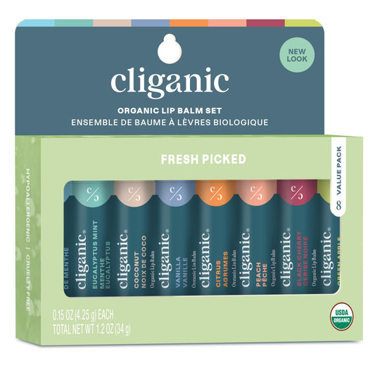 Cliganic front packaging showing all eight organic lip balms and benefits
