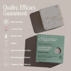 Cliganic natural ingredients display with shea and argan for nourishing care