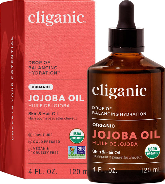 Cliganic jojoba oil front packaging showing bottle and benefits