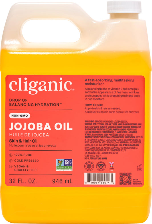 Cliganic jojoba oil 32oz front bottle showing label and bulk size benefit