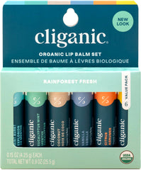 Cliganic lip balm set front packaging showing six flavors and organic labels benefits
