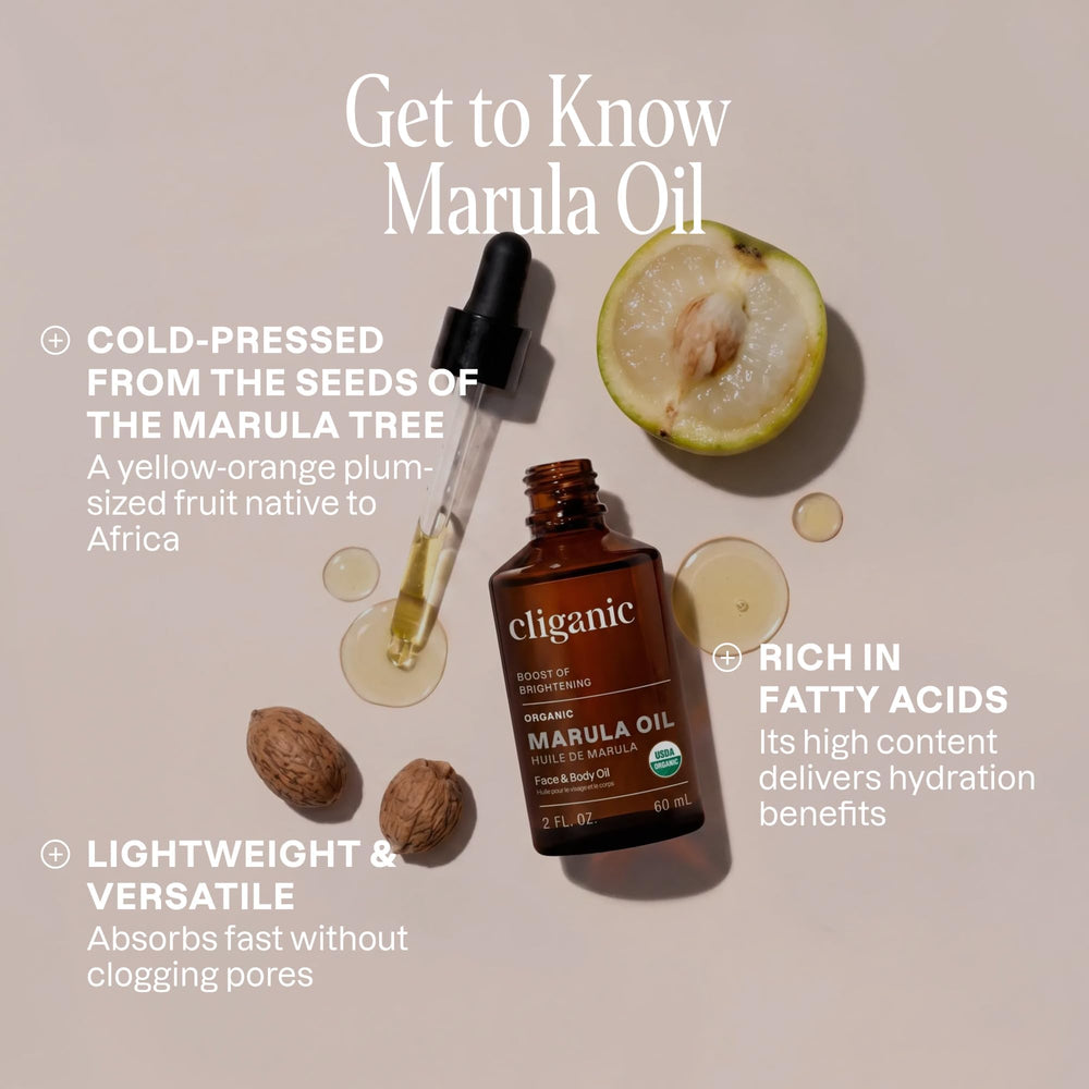 Cliganic dropper dispensing marula oil highlighting pure texture and control