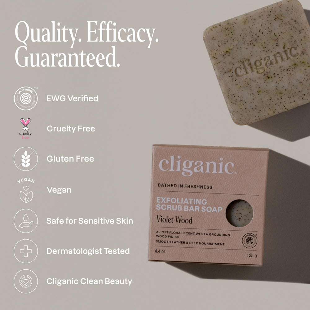 Cliganic Violet Wood bar with flowers and wood pieces showing scent profile benefit: calming aroma cues