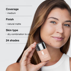 Clinique applying foundation on face to cover blemishes and reduce shine