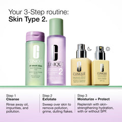Clinique Clarifying Lotion 2 on bathroom shelf suggests daily routine readiness
