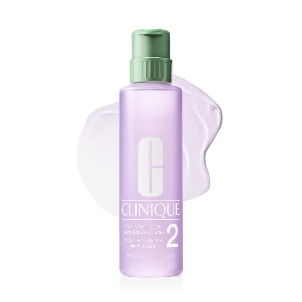 Clinique bottle front view showing label and clear liquid for gentle exfoliation