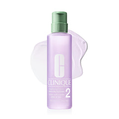 Clinique bottle front view showing label and clear liquid for gentle exfoliation