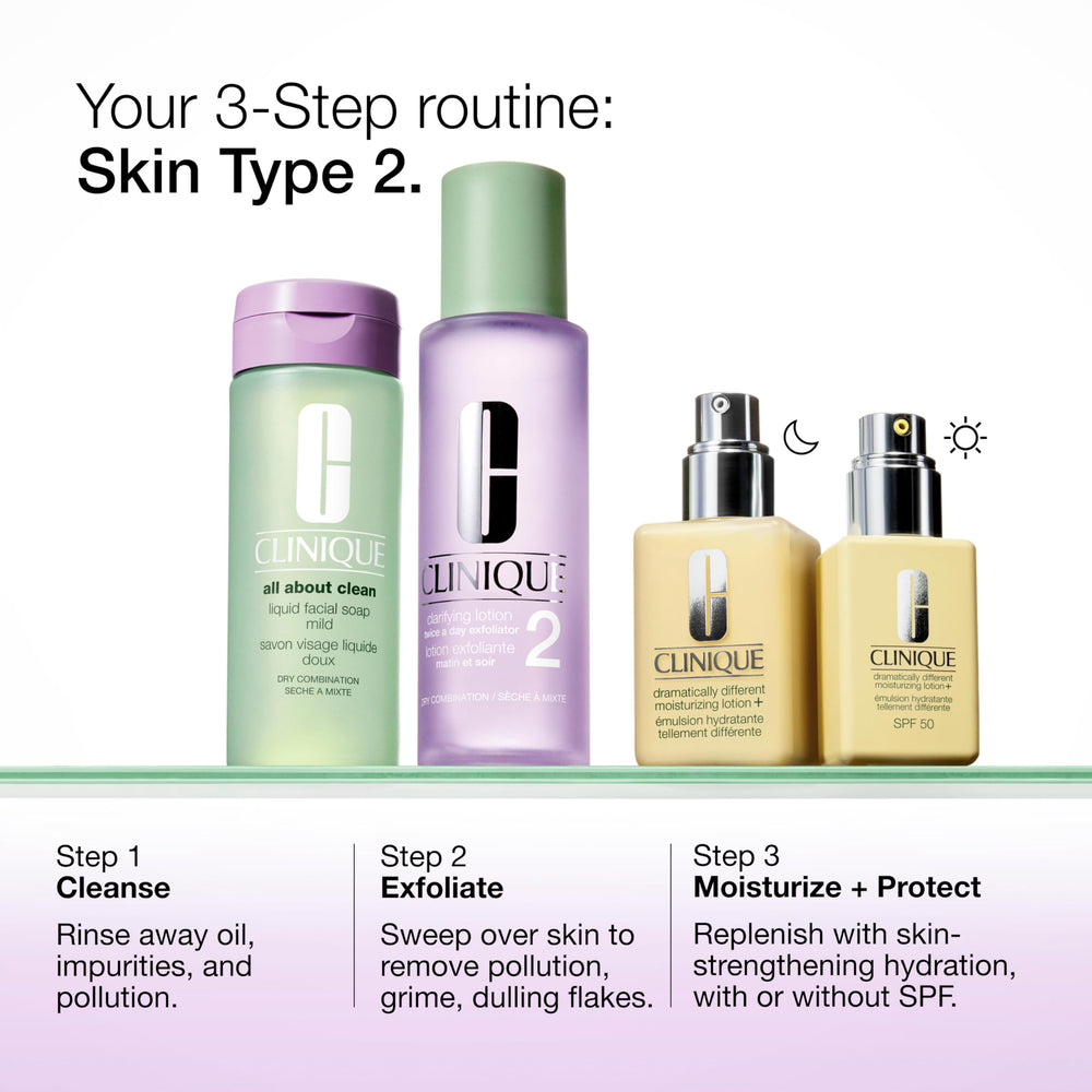 Clinique Clarifying Lotion 2 on a bathroom shelf paired with cleanser and moisturizer