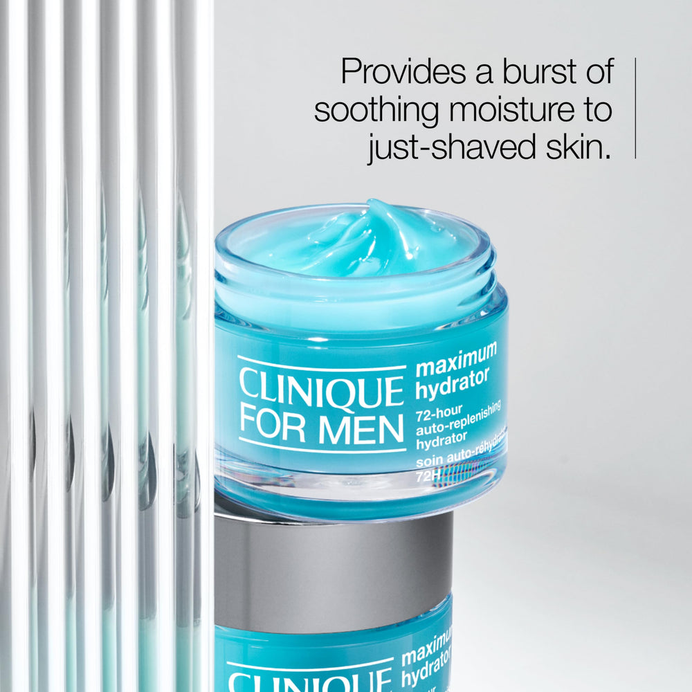 Open jar revealing gel-cream texture of Clinique For Men Maximum Hydrator for quick absorption