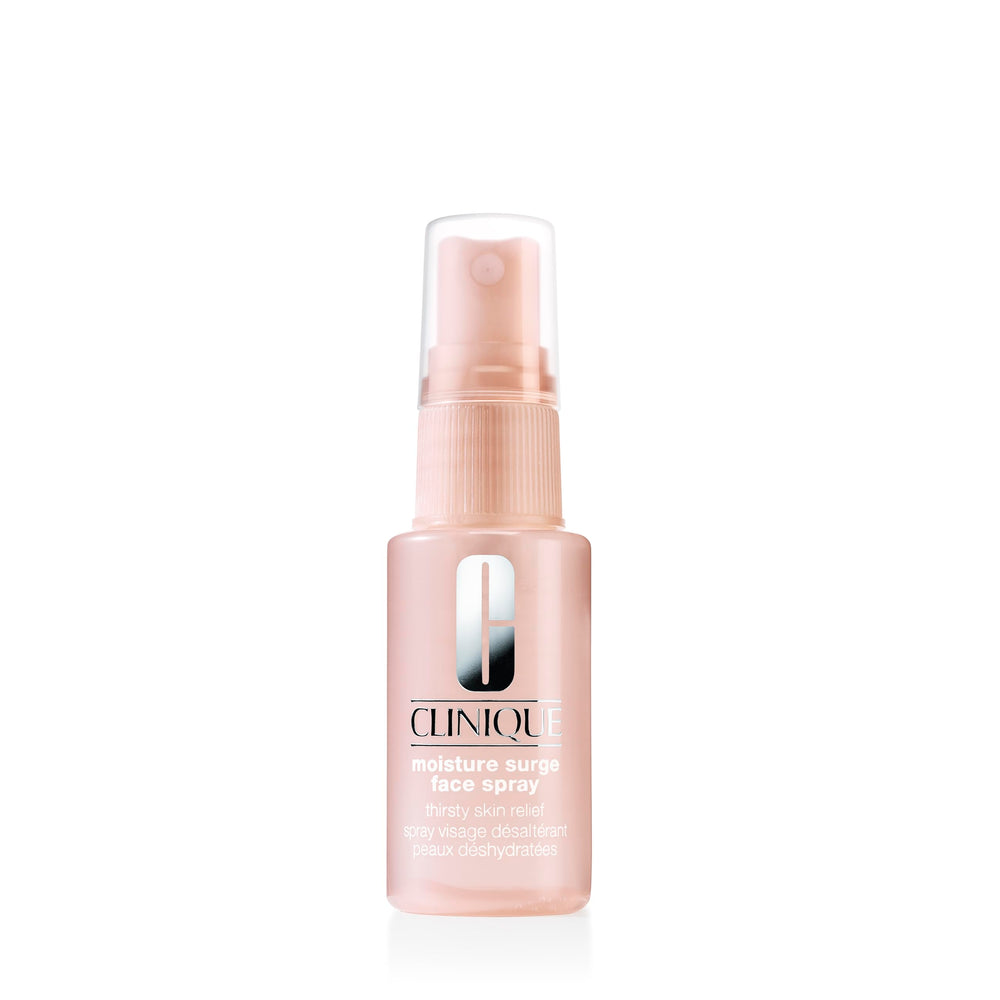 Clinique Moisture Surge front packaging showing the mini spray and branding benefit hydration