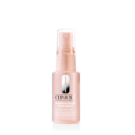 Clinique Moisture Surge front packaging showing the mini spray and branding benefit hydration