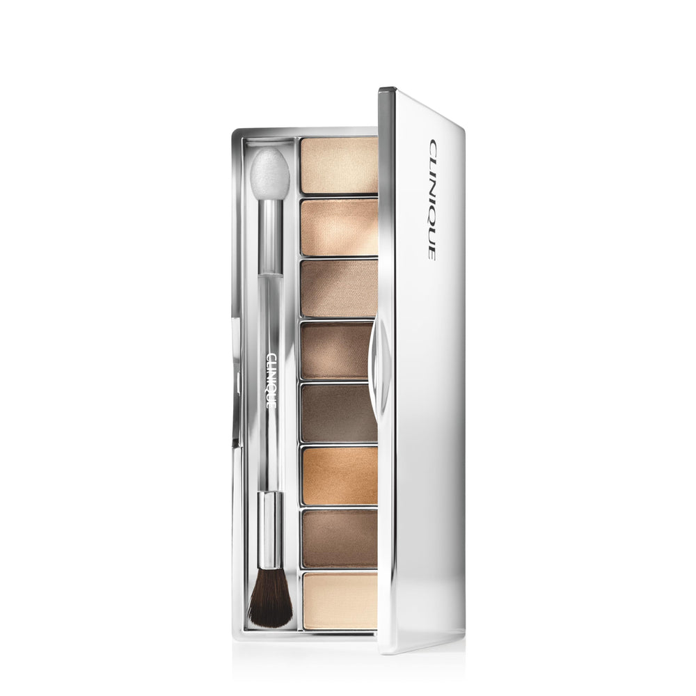 Clinique compact front view showing Nude Honey palette and mirror for travel convenience
