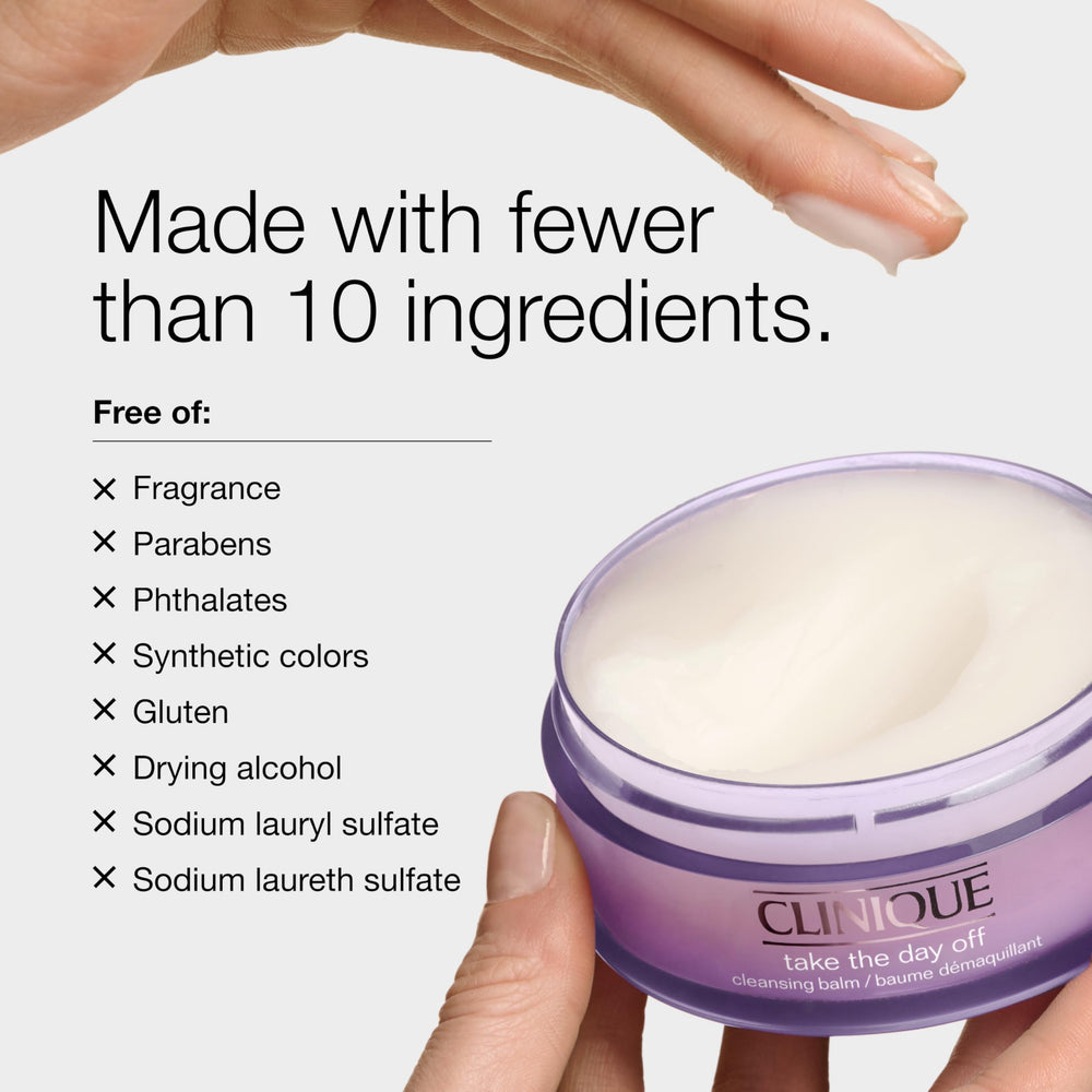 Clinique jar next to a hand showing 3.8 ounce size and travel-friendly scale