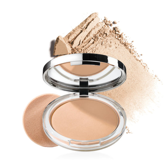 Clinique compact front view showing sleek case and powder for easy matte touch-ups