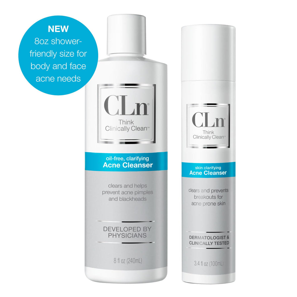 CLn acne cleanser gel texture on hand demonstrating lightweight spreadability