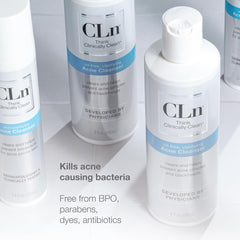 CLn acne cleanser in shower setting illustrating convenient daily use