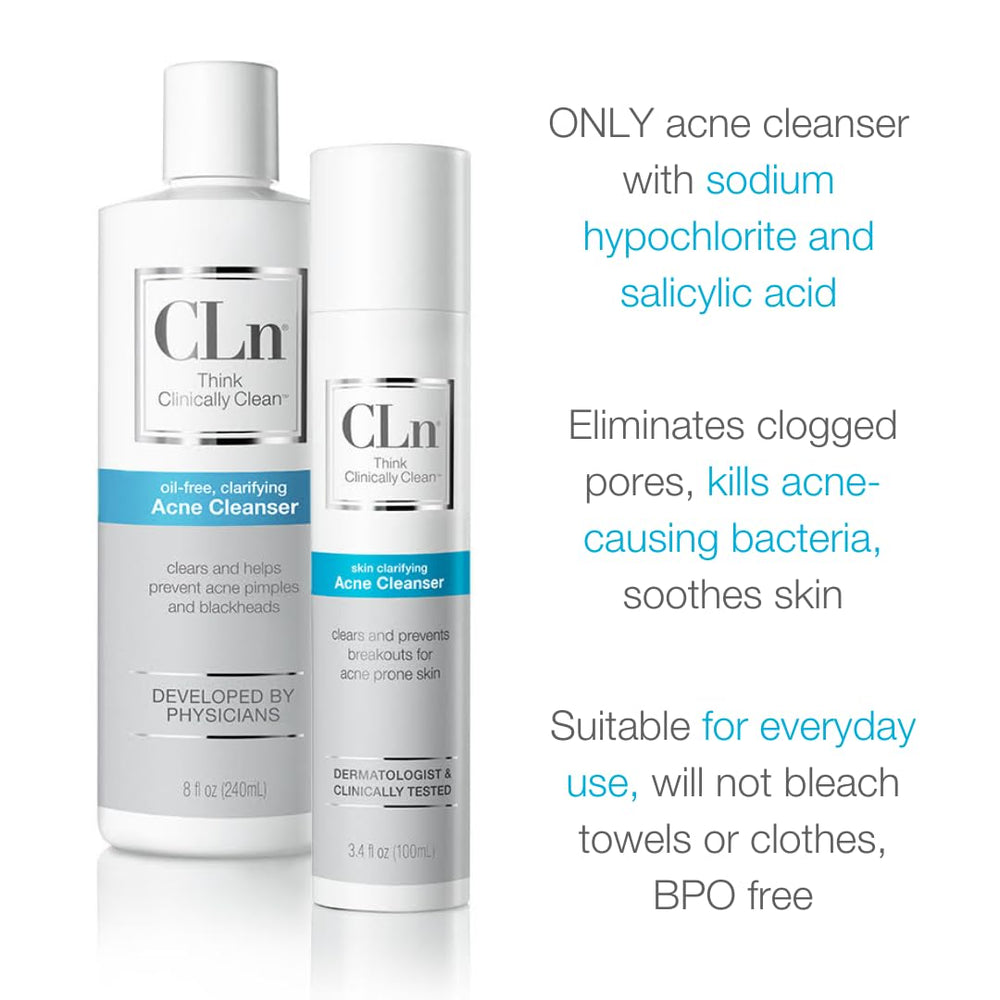 CLn acne cleanser size comparison 8 fl oz shows travel scale and value