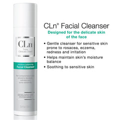 CLn cleanser next to ruler showing compact 3.4 fl oz travel-friendly size