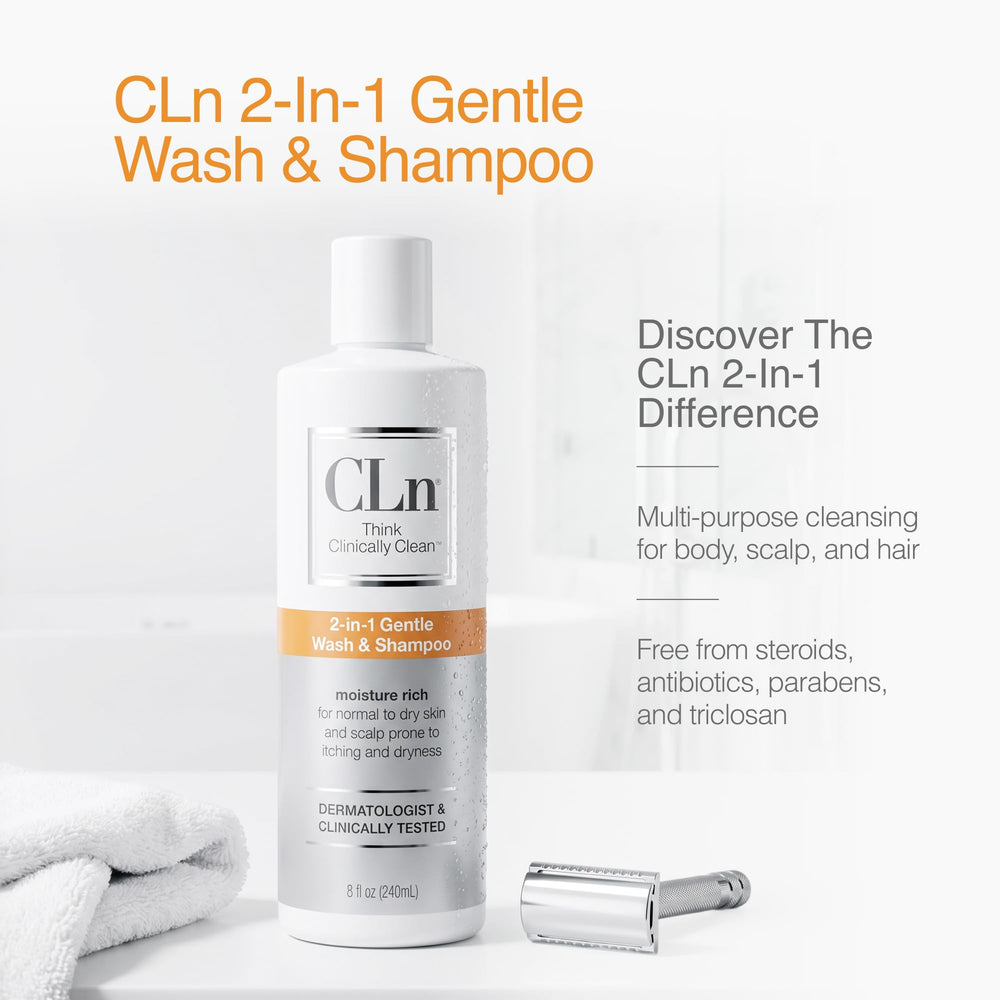 Hand holding CLn 8 fl oz bottle illustrating true-to-size scale