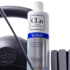 CLn SportWash 12 fl oz bottle beside a ruler showing exact size