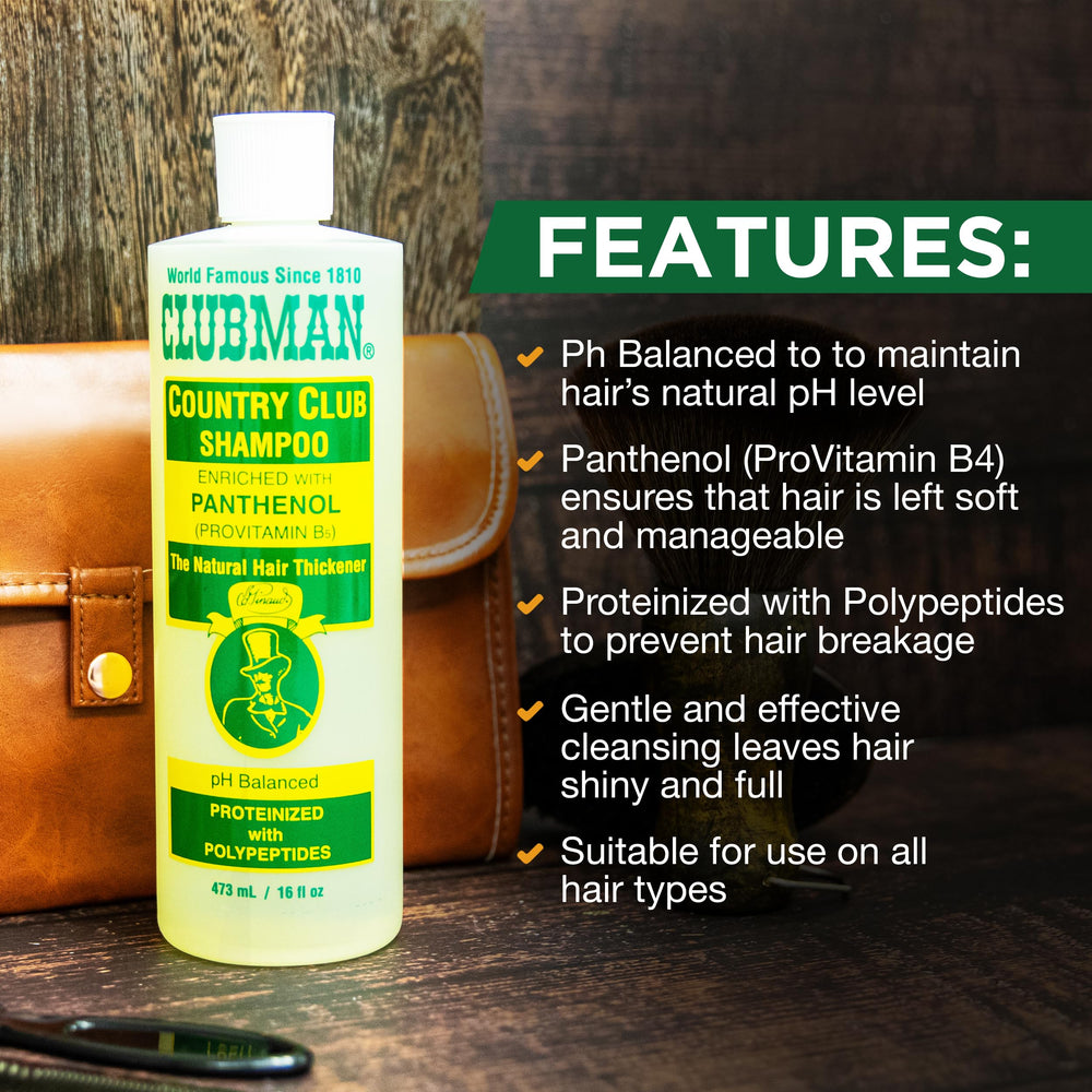Clubman Country Club close-up label highlighting key ingredients and informative benefit