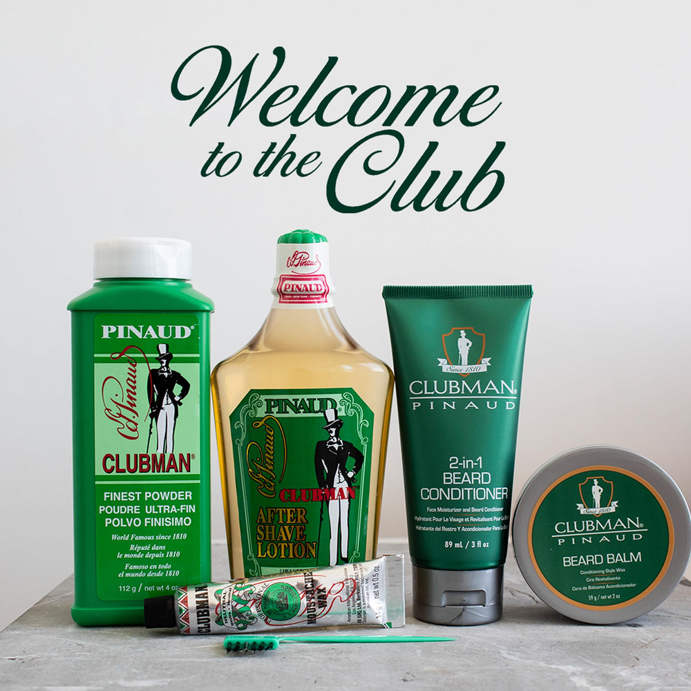 Clubman tonic on bathroom shelf in grooming routine for polished appearance