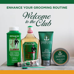 Clubman Pinaud label close-up displaying ingredient callouts and alcohol-free benefit