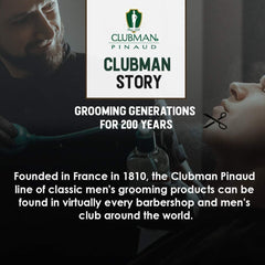 Clubman Pinaud jar beside hand to show 9 oz scale and long-lasting supply benefit