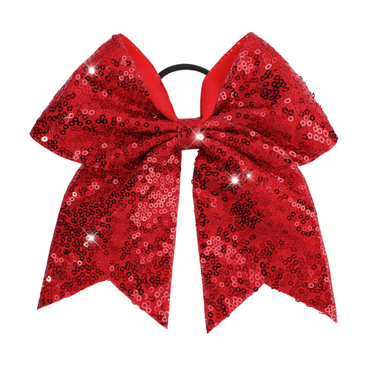 CN front view of red glitter cheer bow showing shine and bold look