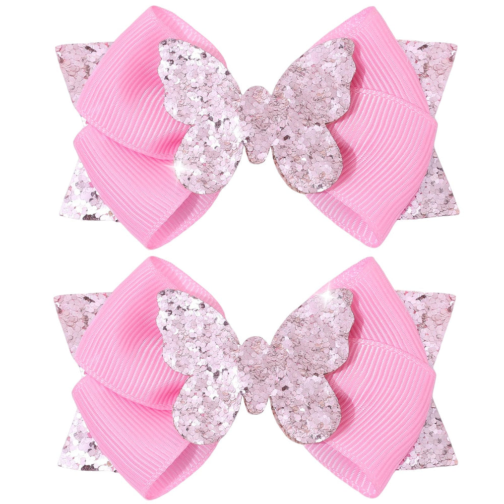 CN front view of two pink glitter butterfly bows showing shine and gifting appeal