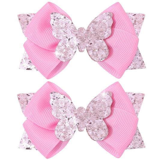 CN front view of two pink glitter butterfly bows showing shine and gifting appeal