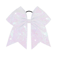 CN white glitter bow front view showing bold sparkle and team visibility