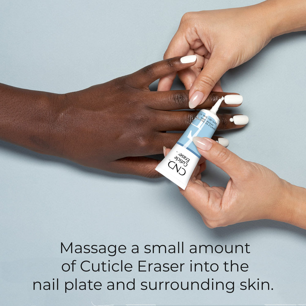 CND cuticle eraser applied to nail base demonstrating softened cuticle removal benefit