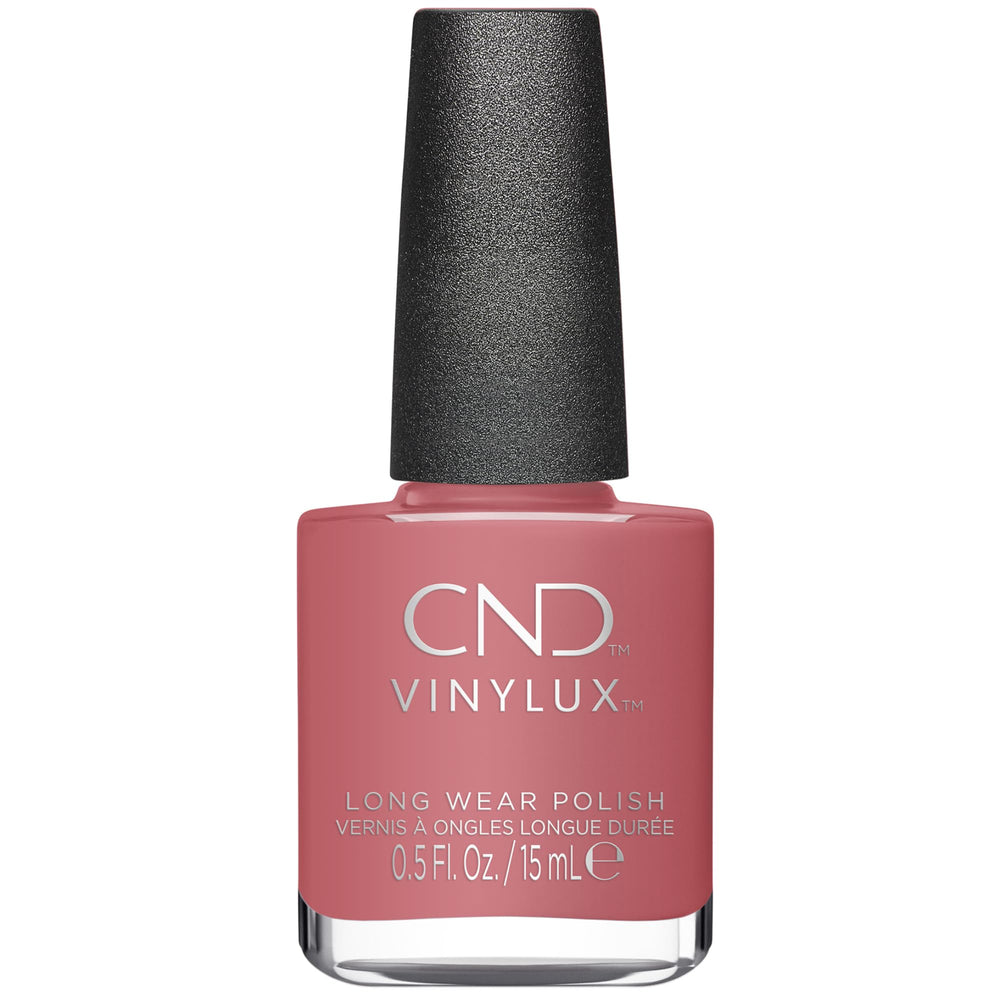 CND Vinylux Rosebud front bottle view showing mauve-pink polish and label benefit