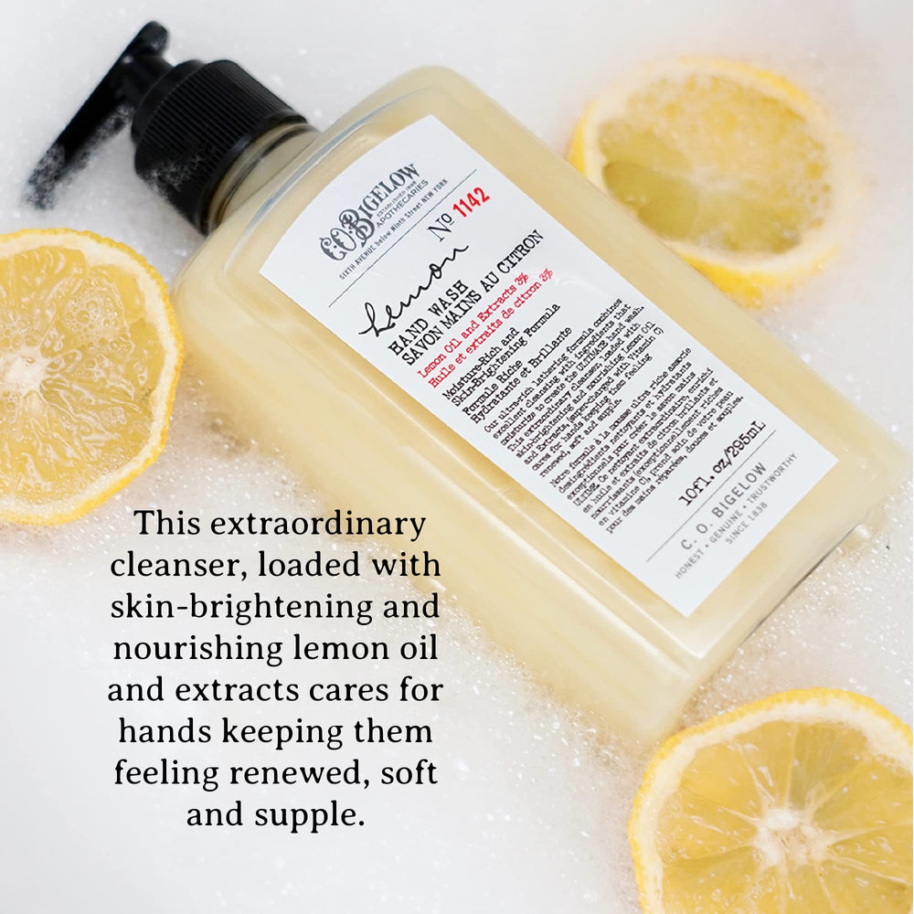 C. O. Bigelow pump dispensing creamy lemon soap highlighting easy one-handed use